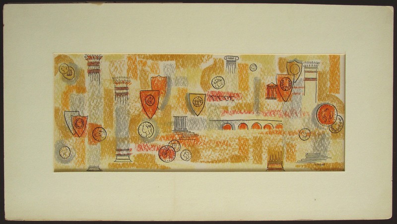 LOUISE AUGUST Original Mixed Media, Roman Shields Columns Coins, Signed