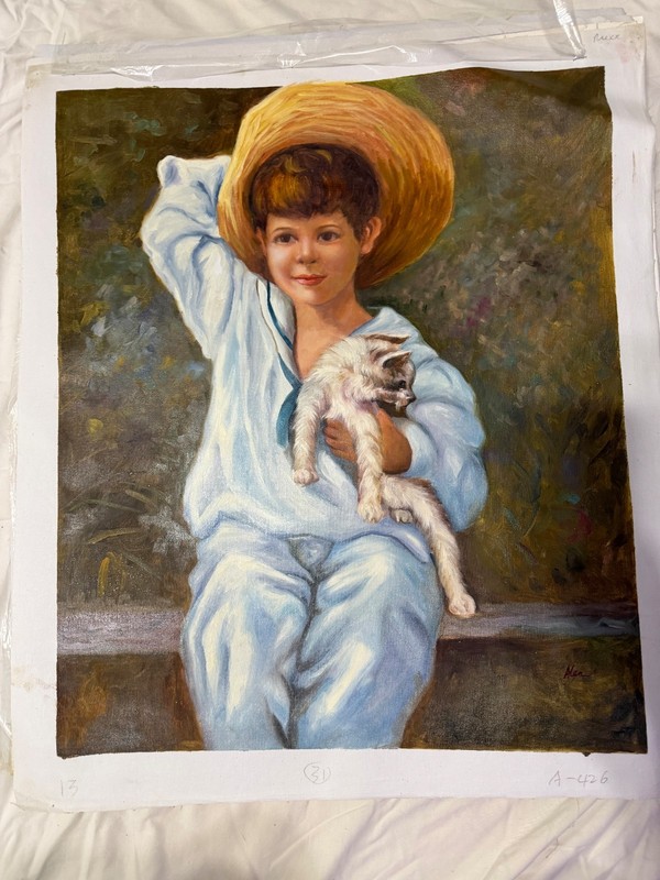Vintage Child Portrait Oil Painting Boy With Kitten Straw Hat Art