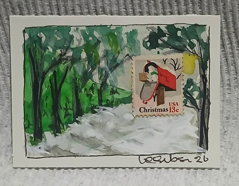 Little Christmas – Postal Whimsy™ OOAK ACEO Mailbox on a Lonely Winter Road