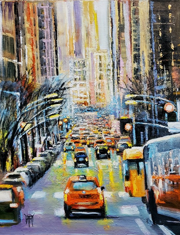 YARY DLUHOS New York City Street NYC Traffic People Lights Original Oil Painting