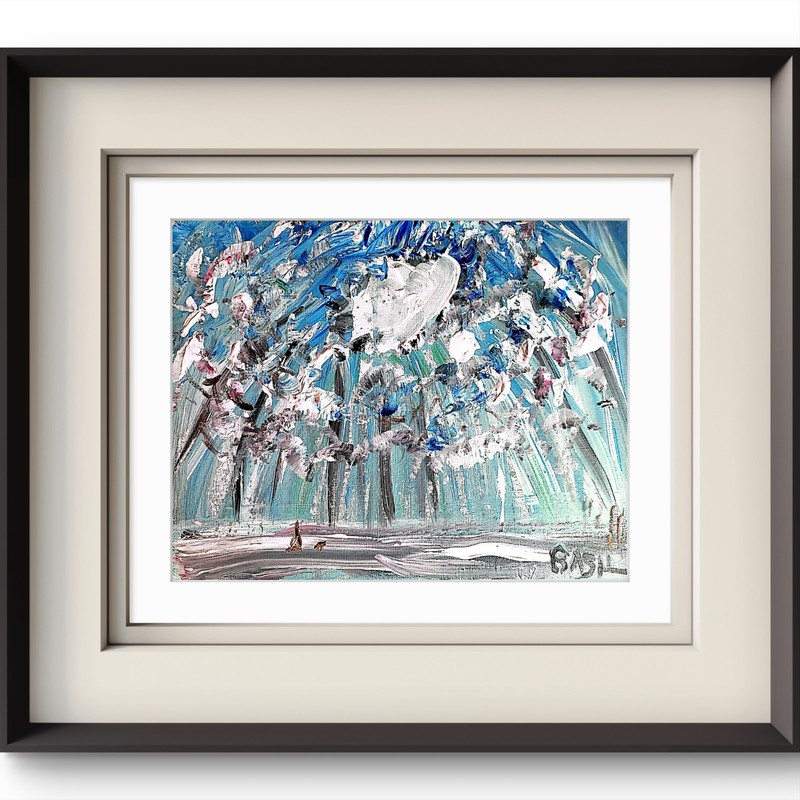 Dog Walk in Snowy Woods Abstract Expressionist Original Painting Canvas