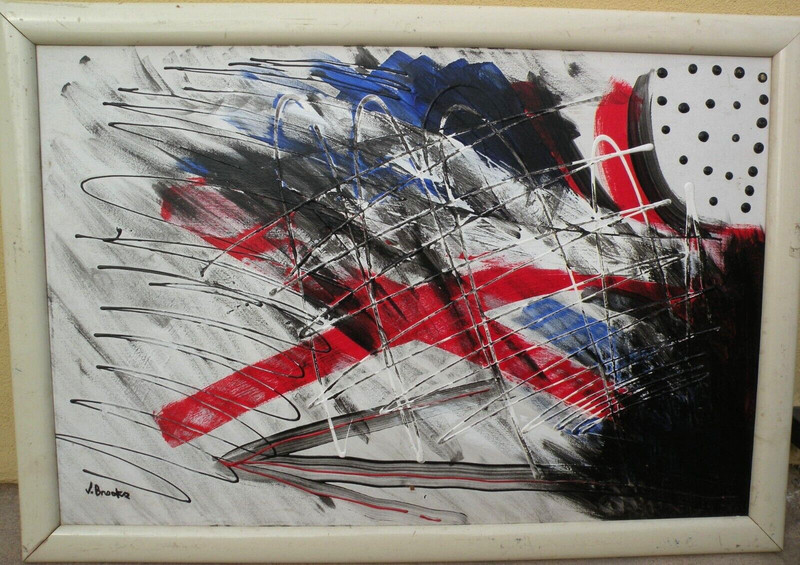 Contemporary bold Mid Century abstract painting white black red blue