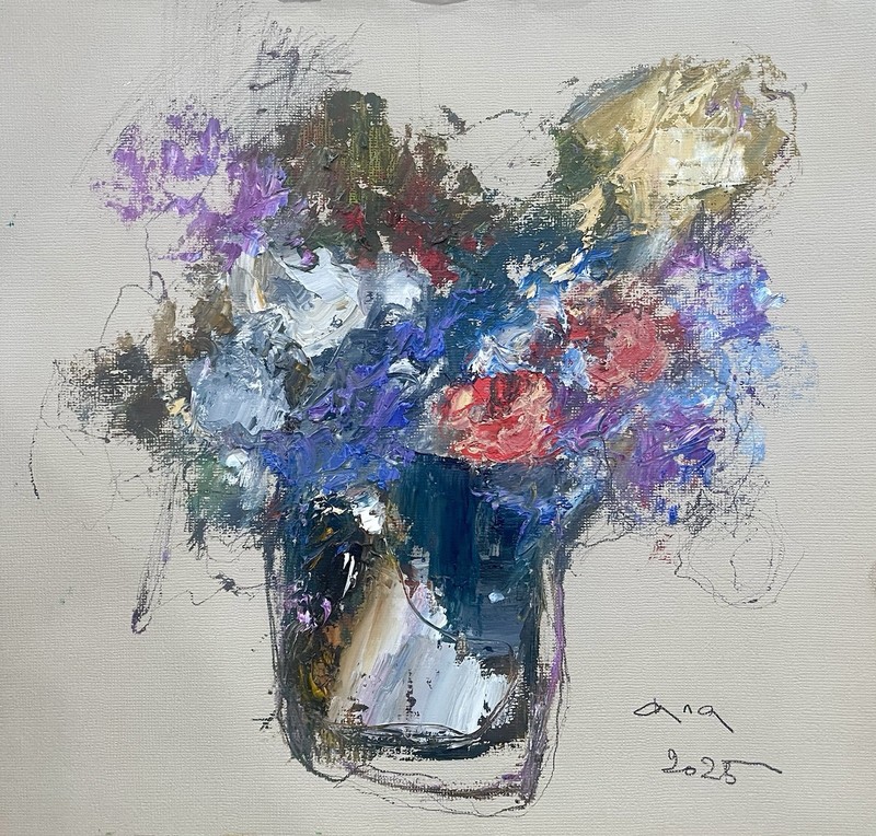 Original abstract painting mixed media/oil on paper 12x12in by Anastasiya Kim