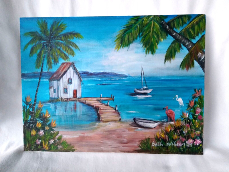 Beach House Seaside Original Coastal Painting 9×12 Canvas Wall Art Home Decor
