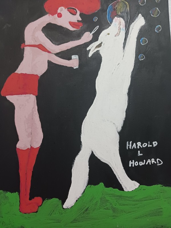 WOMAN AND DOG PAINTING 12x16 (FUN WITH BUBBLES) ORIGINAL AND SIGNED gallery