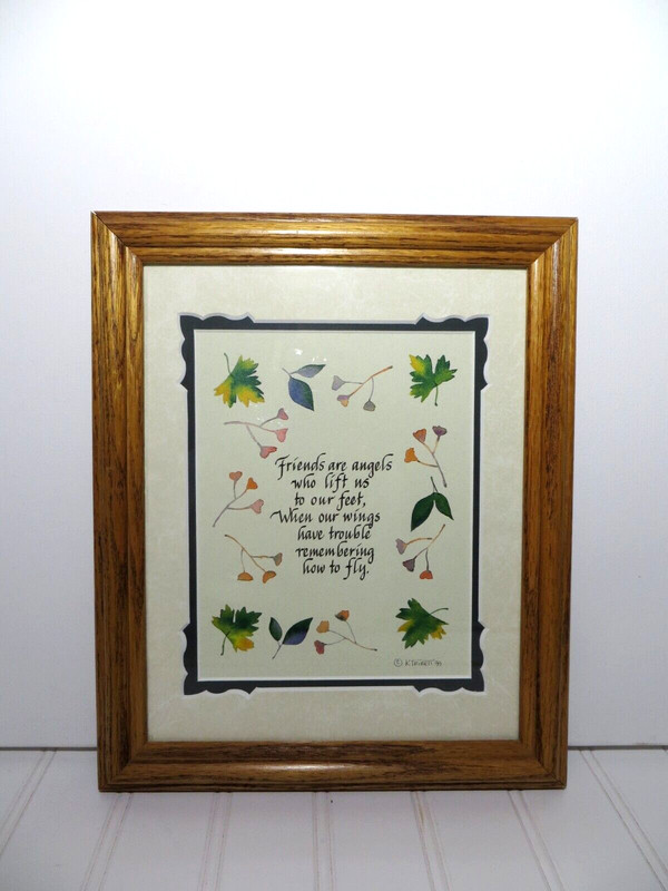 Artist Signed Calligraphy Poem And Watercolor Florals Custom Mat W/ Wood Frame