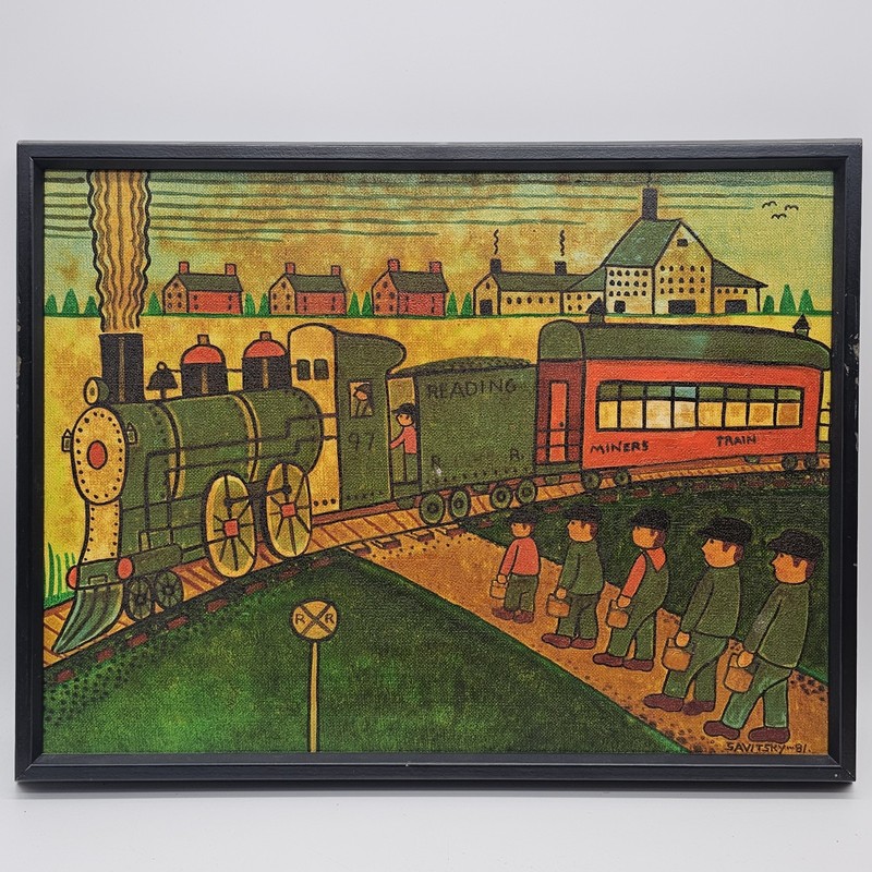 Jack Savitsky Original Oil Painting Reading Train – Coal Miners – Folk Art