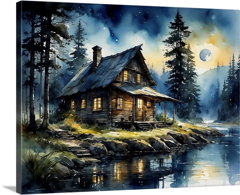 Montana Cabin Alone Side River Evening Trees Moon Canvas Wrap Wall Art decor