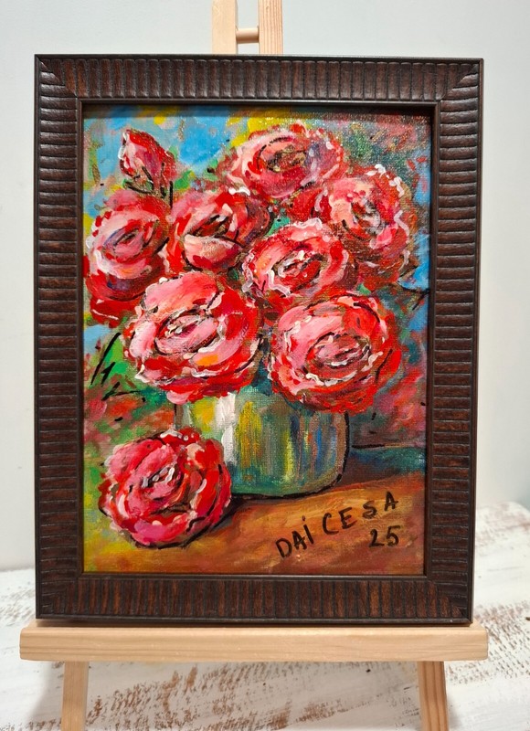 Original Acrylic Painting Red Roses in Vase Medium Size Framed