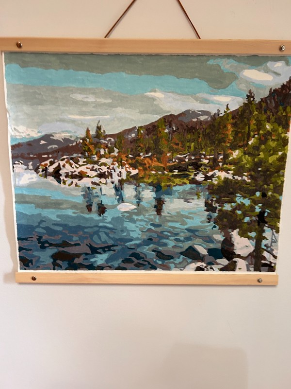 Lake, Mountains and Snow in Acrylic Paint -«16 x 20» – Wood and leather frame