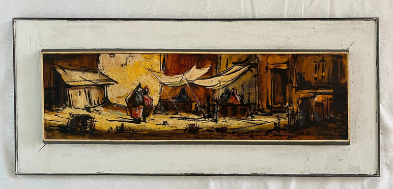 E Sanchez vintage original oil painting genre EN LA CALLECITA signed framed 1966