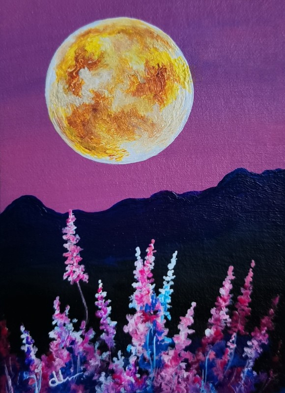 ACEO Original Acrylic Painting Vintage Nature Art Moon Collectable Signed ATC