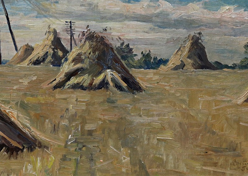 Axel Munk-Andersen – Grain Field With Hay Rakes Oil Painting Signed Denmark gallery