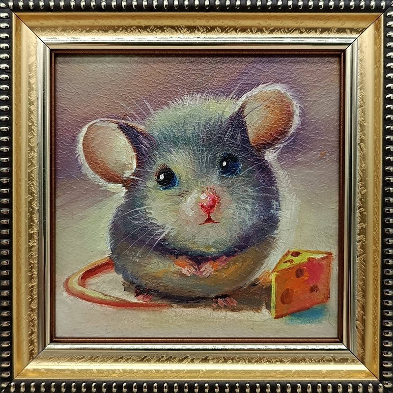 Original oil painting signed framed 4×4 inches Mouse