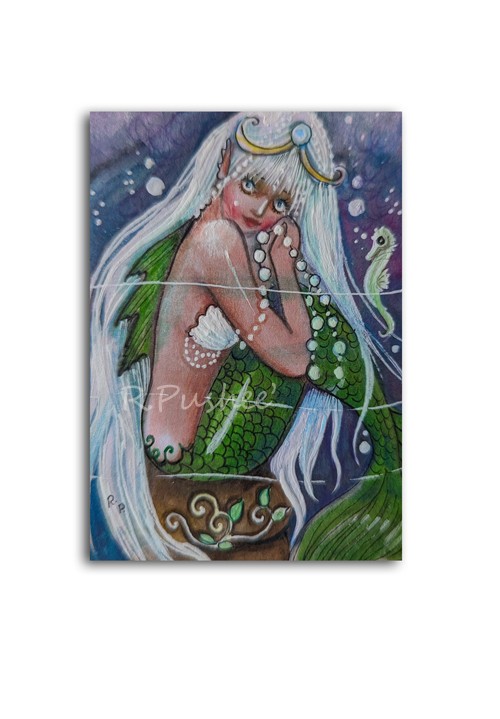 Mermaid in Green with pearls…ACEO ORIGINAL ILLUSTRATION ART