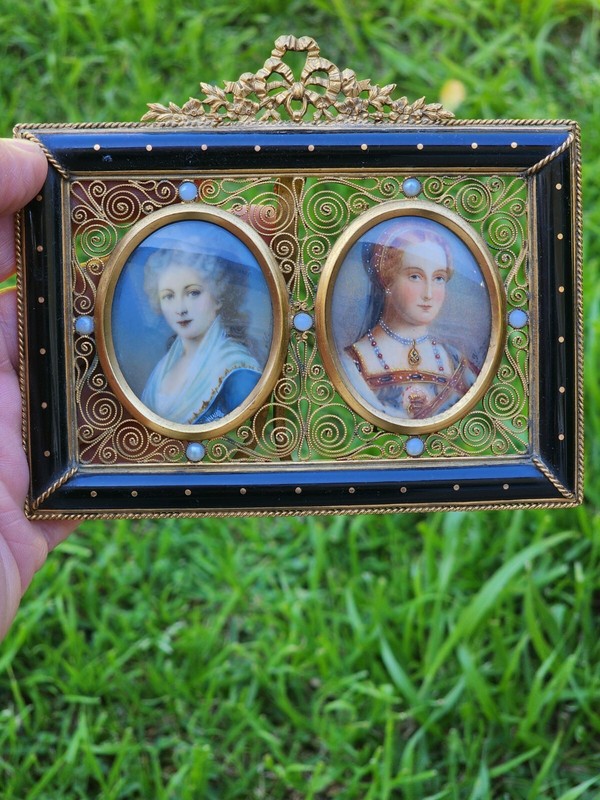 Antique Victorian Era Double Miniature Lady Portrait Framed & Signed.