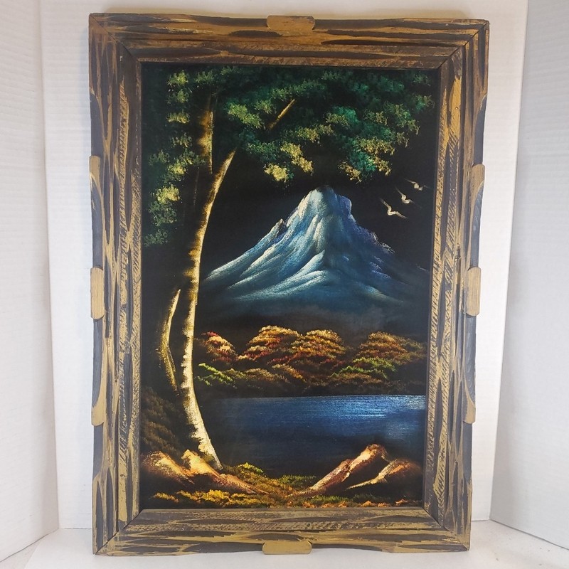 Black Velvet Painting Mexico Picture Frame Carved Wood Vintage Retro Artwork