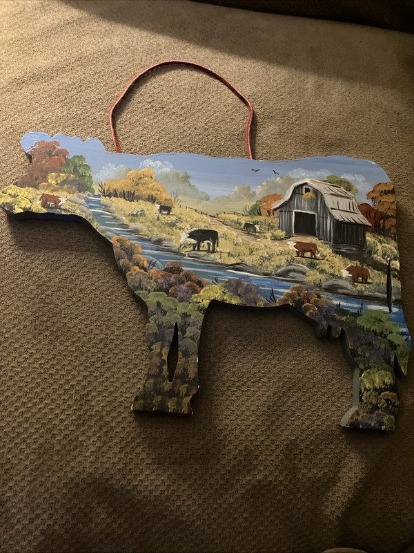 OOAK HANDMADE HAND PAINTED SIGNED COWS IN FIELD NEAR STREAM LEATHER HANGER