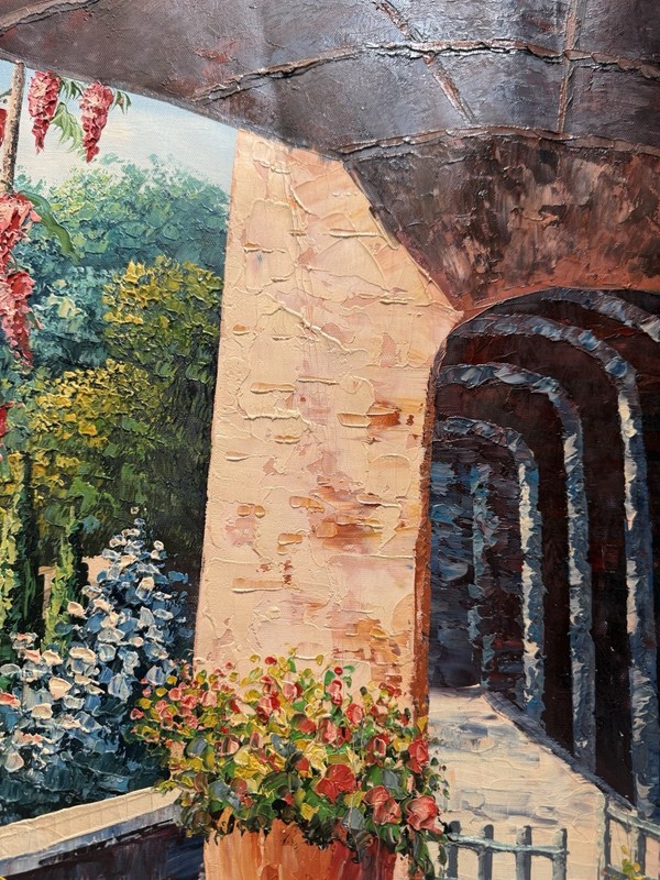 Stunning Large M. Harding Original Oil Painting Mediterranean Villa Ocean View gallery