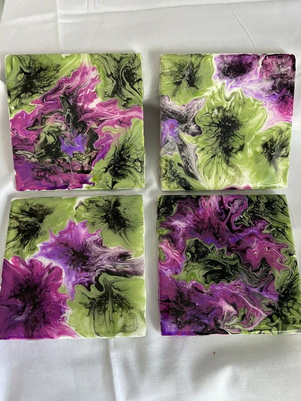 Fluid Art, Flow Art, Abstract Acrylic Pour Painting 4 x 4 Ceramic Tile Coasters