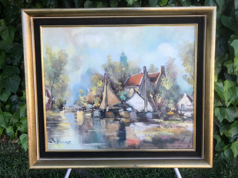 J ROLANDS Original 1940s SEASCAPE MID CENTURY DUTCH MODERN Vintage Oil Canvas