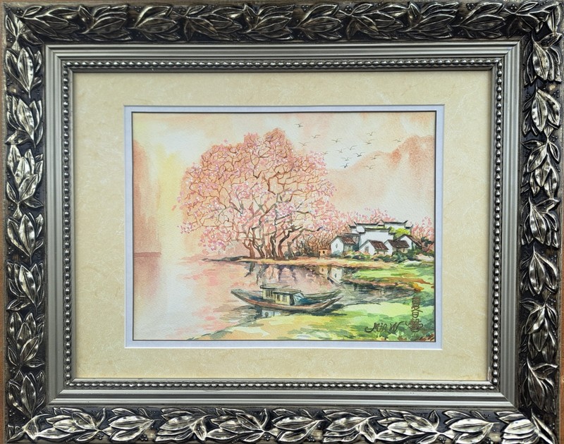 Fine Art, signed original Watercolor painting, with framed «Asian Summer»