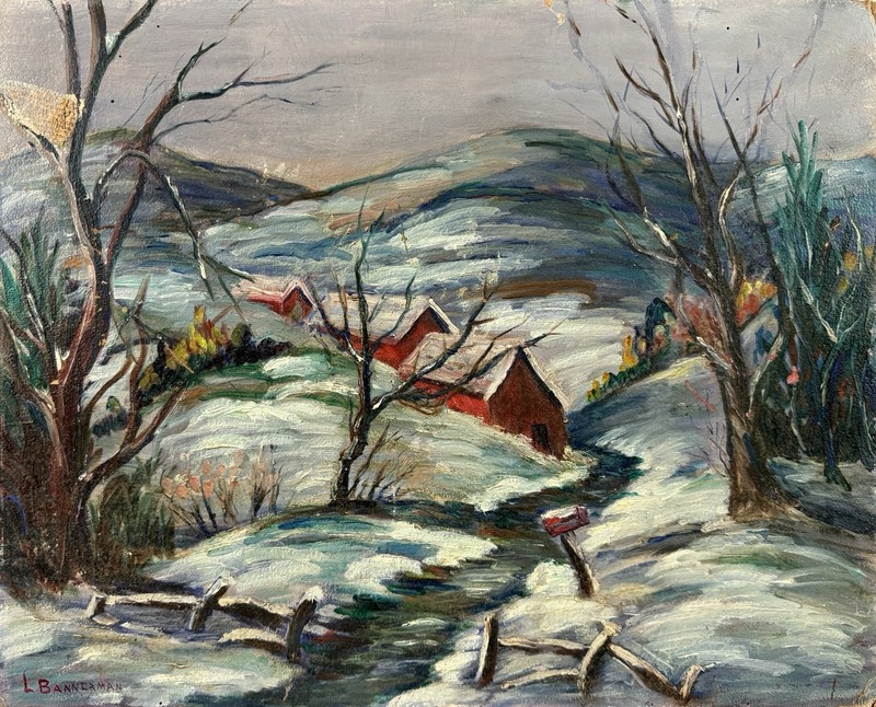American mid 20th C, L. Bannerman, Vintage Oil Painting, Winter Rural Landscape