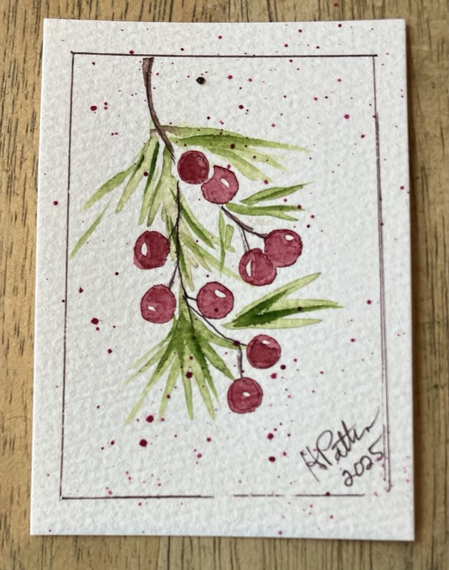 Winter Watercolor Berries! Original Signed ACEO Watercolor and Pen/Ink 3.5×2.5”