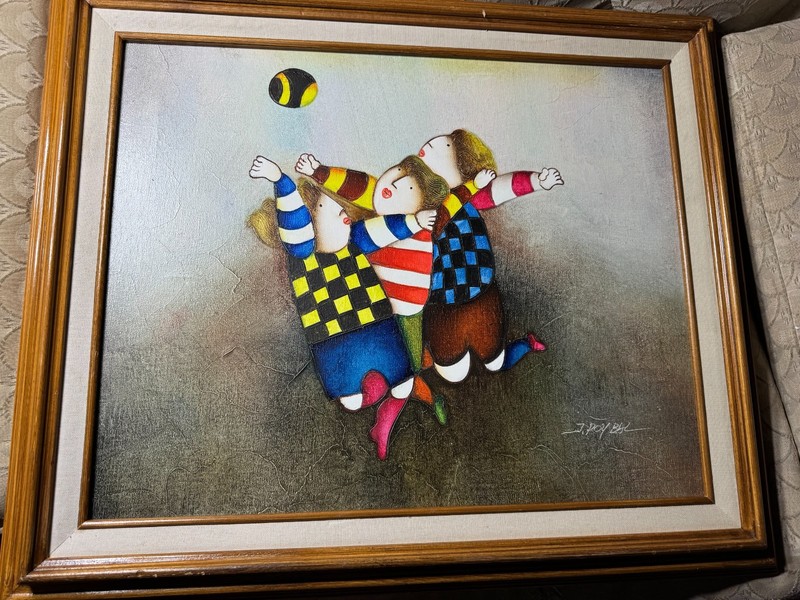 Joyce Roybal (b1955) «Children Playing Rugby Scene» Oil Painting – Signed/Framed