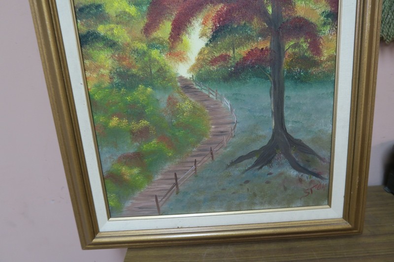 Vintage Signed Framed Oil on Canvas Painting 16" x 20" Walking Trail Path Framed gallery