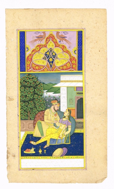 Mughal Painting Of Emperor And Empress in Love Scene Art On Paper 4.5×7.5 Inches