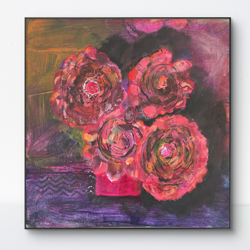 Mary Myers Original Funky Floral Painting on 12×12 140lb water color