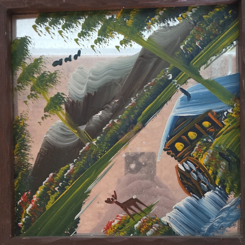 Landscape Waterfall & Birds Painting Folk Art Framed Wood/Glass 16×14 in