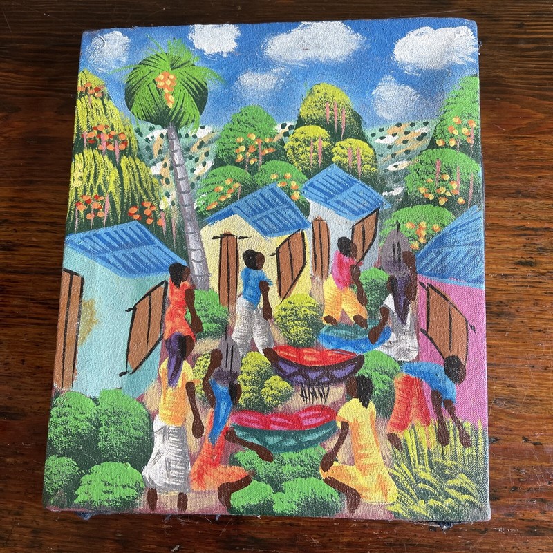 Vintage Island Village Life Scene Painting Multicolor 10×8