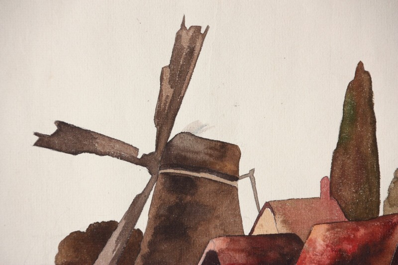 Wide River Landscape with Windmill, Watercolor, Art Nouveau, France c1900 gallery