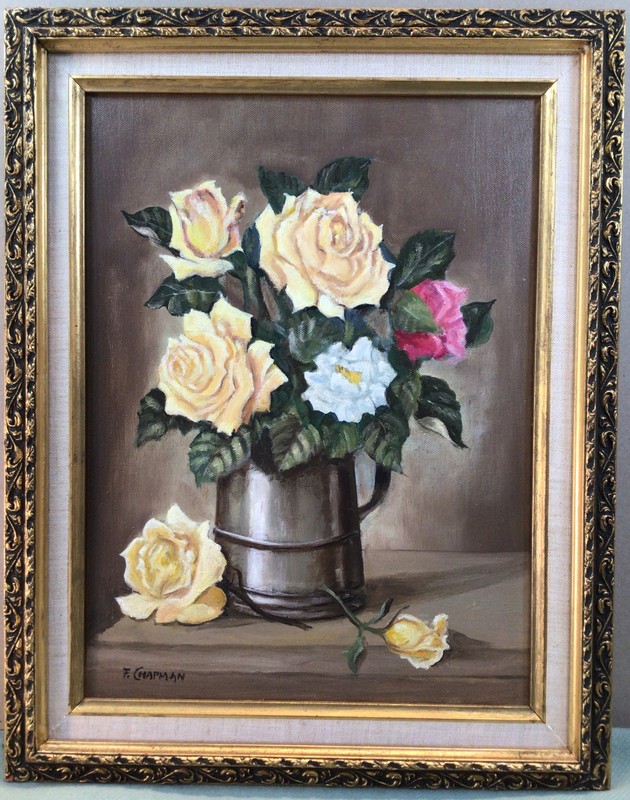 A F Chapman Yellow Roses Framed Oil Painting Circa 1980s