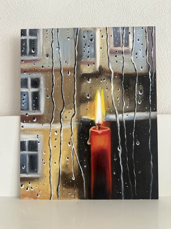 original oil painting Candle Window Rainy Day 24x30cm Still Life Gift gallery