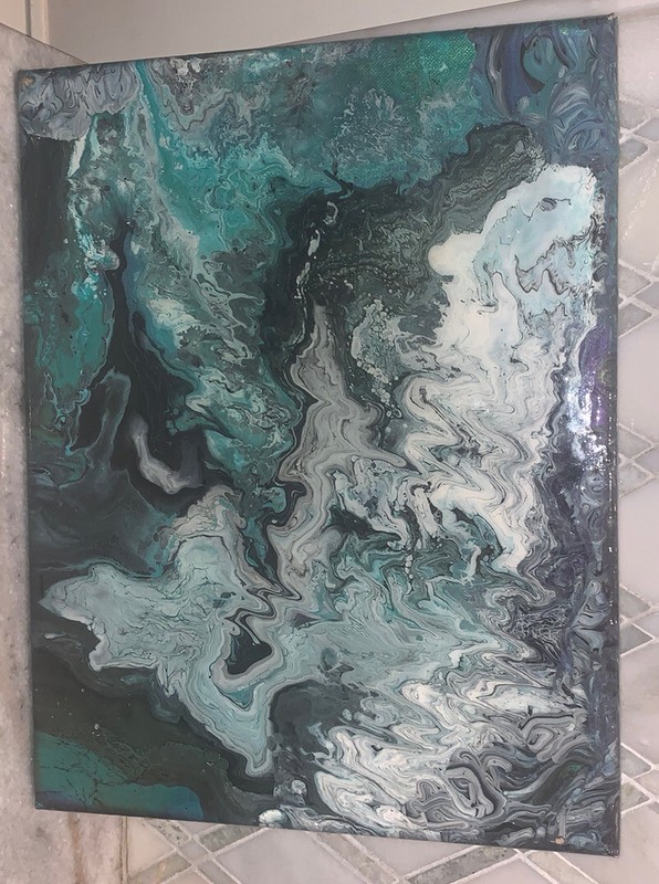 Modern Acrylic Marbleized Freeform Green Grey Purple White Black Canvas 11” 14”