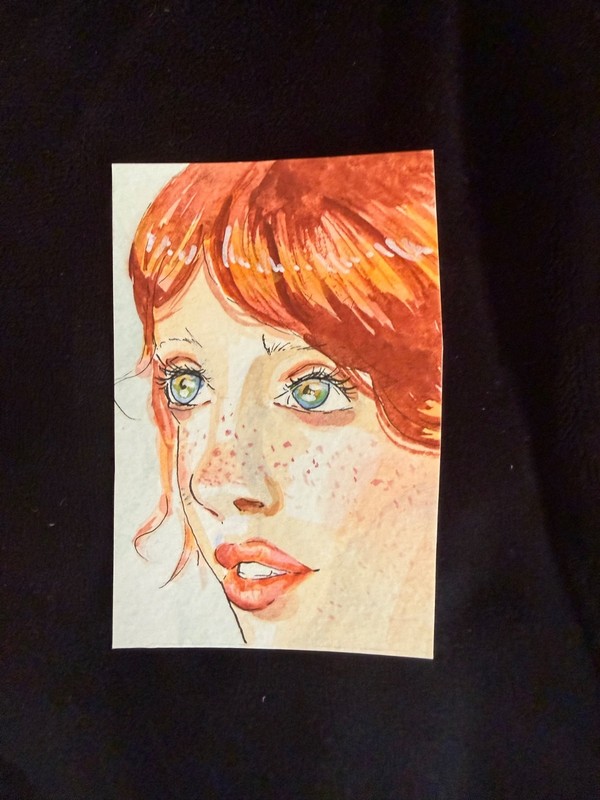 ACEO original woman super close up freckled red head “Annetta” watercolor paint