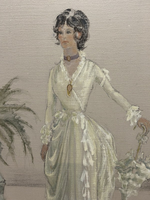 Original Painting Victorian Lady White Dress Parasol Matted Framed Vintage Art gallery