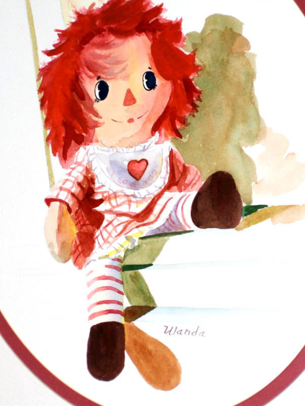 Original Puppet Doll Watercolor by Wanda Oval Mat Red Frame Child’s Baby’s Room gallery