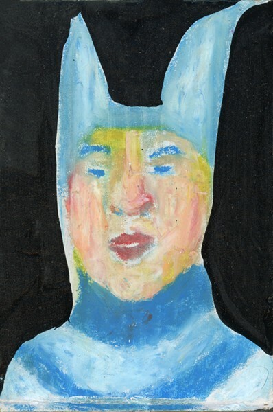 Man Blue Bunny Ears Outsider Art Humorous Silly Funny Portrait Painting