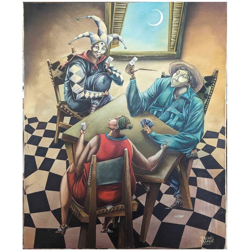 Rene Ramos Jester Card Player 39×32 Oil Canvas Original Cuban Art Painting 2000