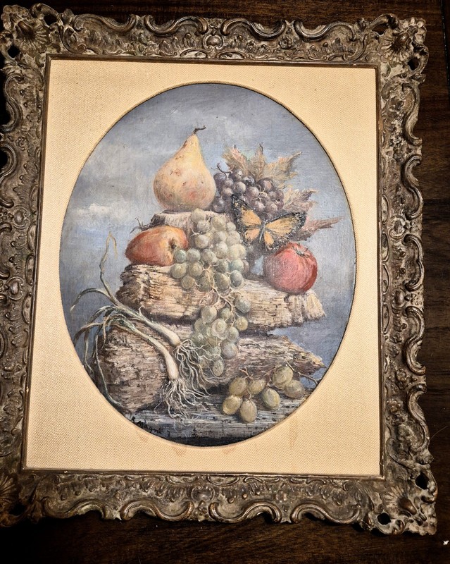 Vintage Still Life Oil Painting Fruit Butterfly Ornate Gesso Frame Signed Magni