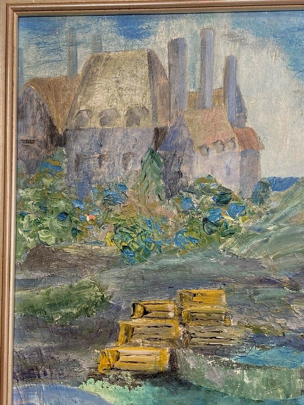 Scandinavian Oil on Canvas Seascape Coastal Village Inlet Signed M. Sorenson gallery