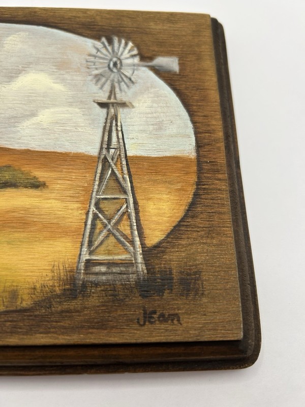 Small Barn And Windmill Landscape Painting On Wood 8x5-3/4 Inches Wall Hang gallery