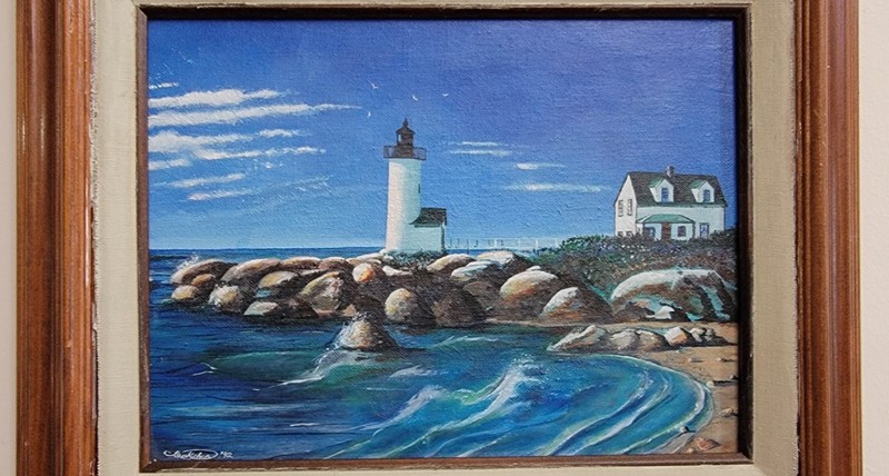 Vintage Original Acrylic On Wood Board Lighthouse/ Seascape Painting 17x14 gallery