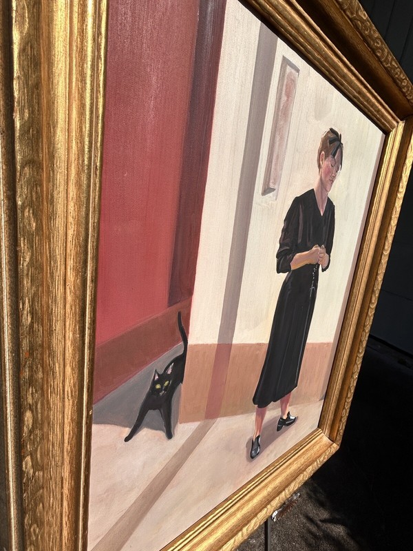 LG Acrylic on Canvas, Realism Framed Grieving Woman And Black Cat, Unknown OOAK gallery