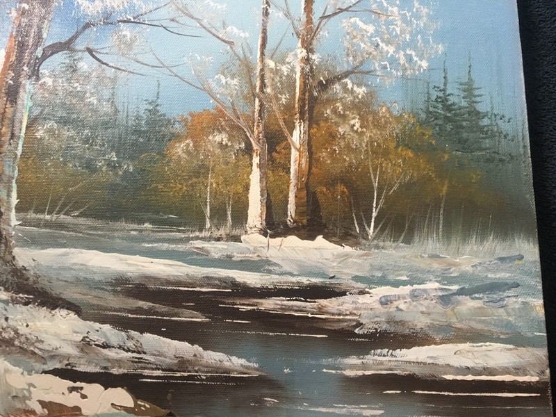 LANDSCAPE Painting Signed EDWARD Winter Snow Water Trees Blue White Green 12x16 gallery