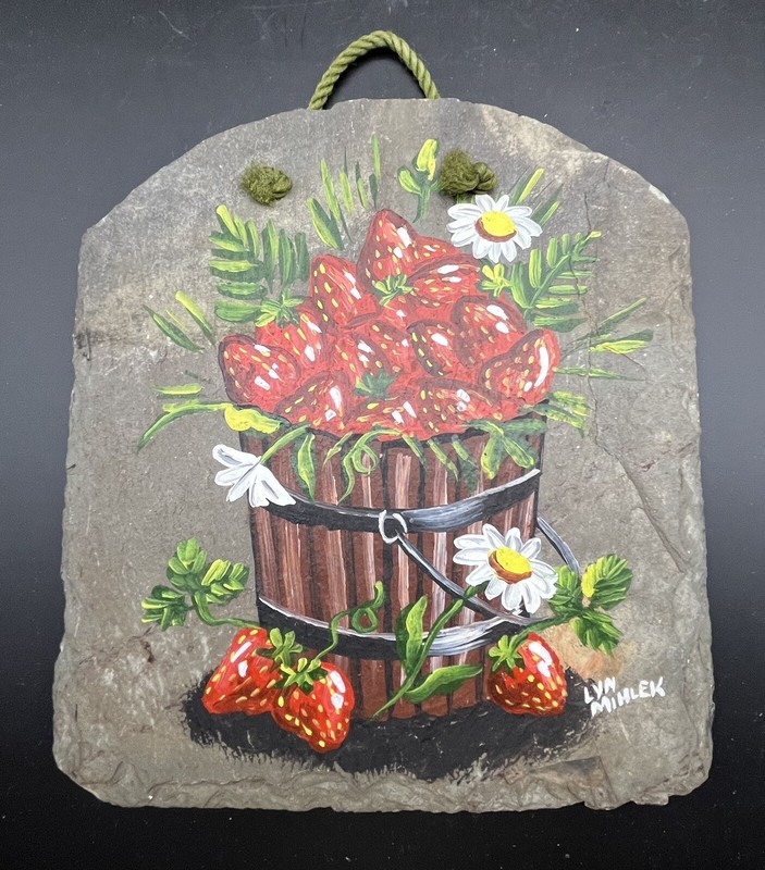 Artist Signed Hand Painting on Slate Strawberries in Bucket Daisies Summer Berry